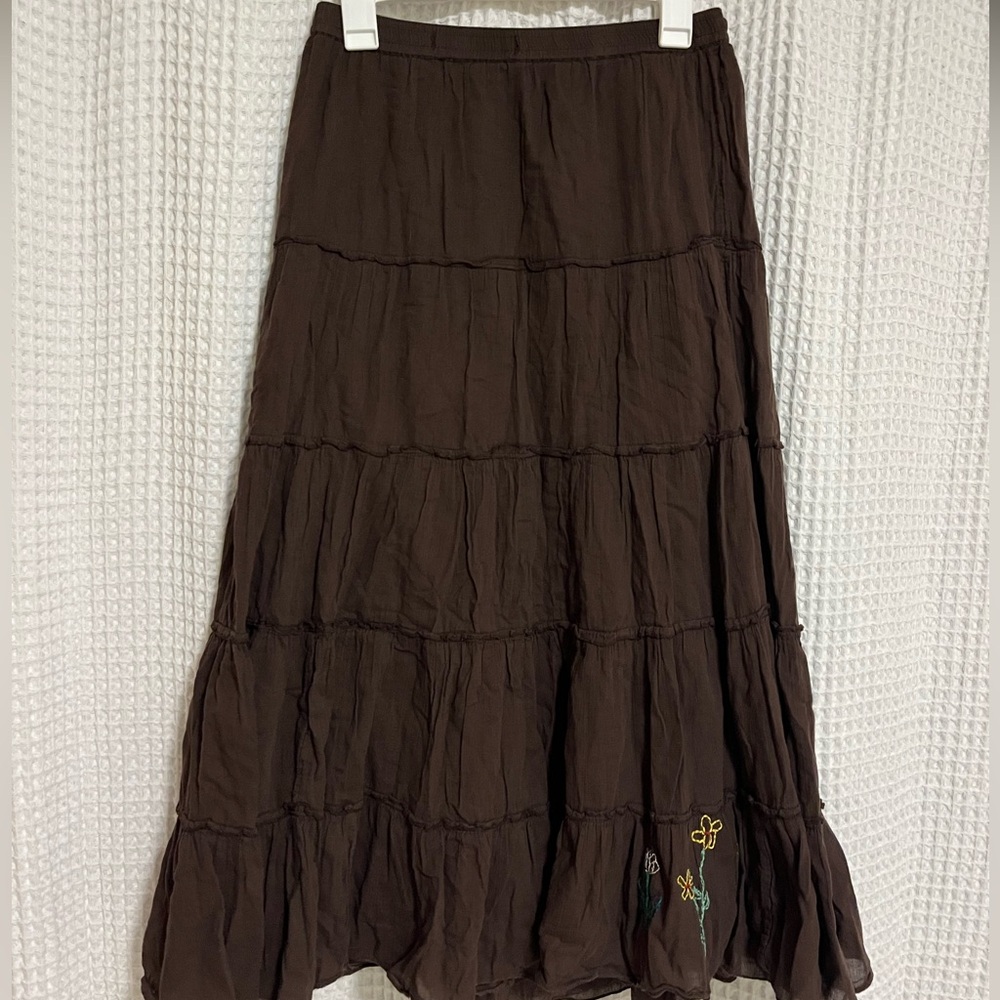 Brown embroidered tiered, maxi skirt!